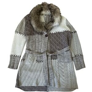 Chico's Cardigan Sweater Womens XL Wool Rabbit Hair Blend Faux Fur Collar Beige